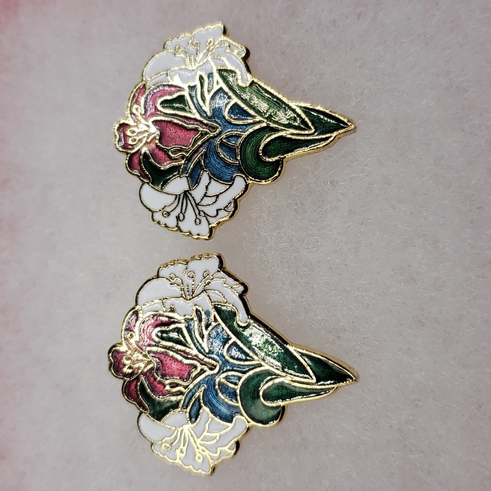 Vintage Cloisonne Goldtone Lilies Pierced Earrings